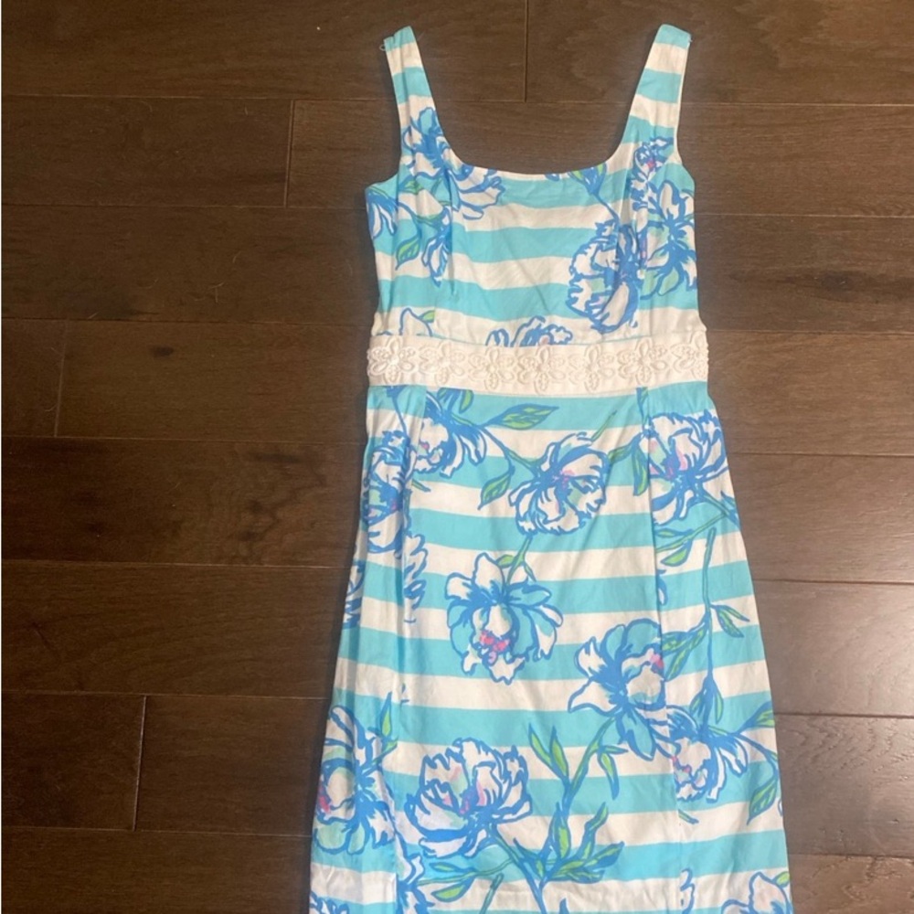 Lilly Pulitzer Blue Stripe Floral Fitted Tank Cotton Serena Womens Dress Size 4